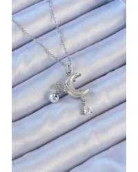 316L Çelik Zincir Gümüş Renk Zirkon Taşlı Kelebekli Mineli Ay Kolye