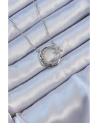 316L Çelik Zincir Gümüş Renk Zirkon Taşlı Motifli Ay Yıldız Kolye