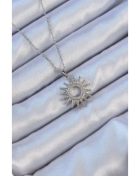 316L Çelik Zincir Gümüş Renk Zirkon Taşlı Parlayan Güneş Kolye