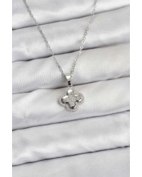 316L Çelik Zincir Gümüş Renk Zirkon Taşlı Yonca Model Kadın Kolye