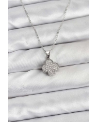 316L Çelik Zincir Gümüş Renk Zirkon Taşlı Yonca Model Kadın Kolye