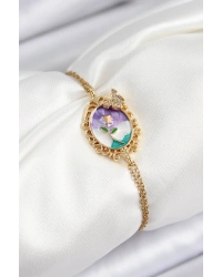 316L Çelik Zincir Mineli Sanatsal Portre Zirkon Taşlı Kelebek Detaylı Çiçek Model Gold Renk Kadın Bileklik