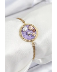 316L Çelik Zincir Mor Mineli Sanatsal Portre İnci Detaylı Çiçek Model Gold Renk Kadın Bileklik