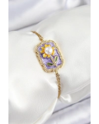 316L Çelik Zincir Mor Mineli Sanatsal Portre İnci Detaylı Papatya Model Gold Renk Kadın Bileklik