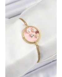 316L Çelik Zincir Pembe Mineli Sanatsal Portre İnci Detaylı Çiçek Model Gold Renk Kadın Bileklik