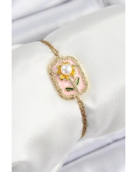 316L Çelik Zincir Pembe Mineli Sanatsal Portre İnci Detaylı Papatya Model Gold Renk Kadın Bileklik