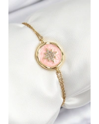 316L Çelik Zincir Pembe Mineli Sanatsal Portre Kuzey Yıldızı Model Gold Renk Kadın Bileklik