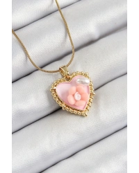 316L Çelik Zincir Pembe Sanatsal Portre İnci Detaylı Papatya Figürlü Kalp Model Gold Renk Kadın Kolye