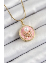 316L Çelik Zincir Zirkon Taşlı Pembe Sanatsal Portre İnci Detaylı Kelebek Model Gold Renk Kadın Kolye