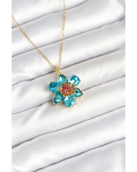316L Çelik Zincirli Mavi Çiçek Model Kadın Kolye