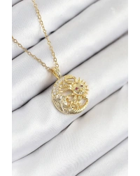 316L Çelik Zirkon Taşlı Ay Ve Güneş Model Gold Renk Kadın Kolye