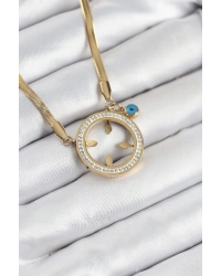 316L Çelik Zirkon Taşlı Çeyrek Takılabilir Gold Renk Kadın Kolye