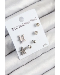 316L Çelik Zirkon Taşlı Deniz Yıldızı Model Gümüş Renk Kadın Set Küpe