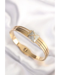 316L Çelik Zirkon Taşlı Gold Renk Kadın Kelepçe Bilezik