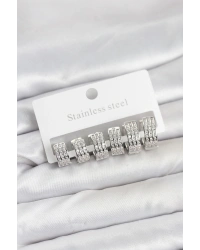 316L Çelik Zirkon Taşlı Gümüş Renk Halka Küpe Seti