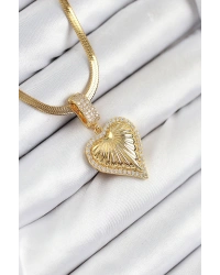 316L Çelik Zirkon Taşlı Kalp Model Gold Renk Kadın Kolye