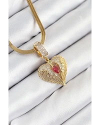 316L Çelik Zirkon Taşlı Kanatlı Kalp Model Gold Renk Kadın Kolye