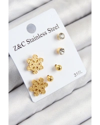 316L Çelik Zirkon Taşlı Kar Tanesi Model Gold Renk Kadın Set Küpe