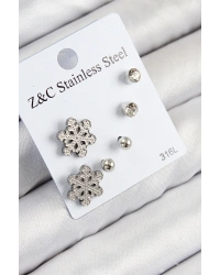 316L Çelik Zirkon Taşlı Kar Tanesi Model Gümüş Renk Kadın Set Küpe