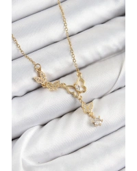 316L Çelik Zirkon Taşlı Kelebek Model Gold Renk Kadın Kolye