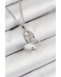 316L Çelik Zirkon Taşlı Kelebek Model Gümüş Renk Kadın Kolye