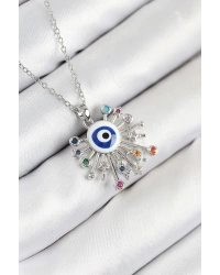 316L Çelik Zirkon Taşlı Nazar Model Gümüş Renk Kadın Kolye