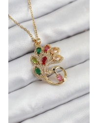 316L Çelik Zirkon Taşlı Tavus Kuşu Model Gold Renk Kadın Kolye