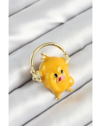 3D Kulaklıklı Sarı Civciv Figürlü Gold Renk Kadın Broş