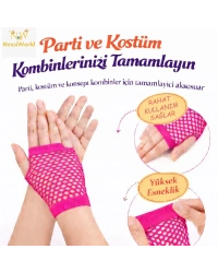 80’ler 90’lar Retro Neon Fuşya Şeker Pembesi File Parmaksız Kısa Eldiven 11 cm