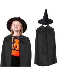 90 cm Siyah Yakalı Pelerin ve Siyah Cadı Şapkası Kostüm Seti