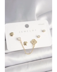 925 Ayar Gümüş Çivi Pirinç Gold Renk Zirkon Taşlı Yonca Model Sallantı Zincir Detay Kadın Küpe Seti