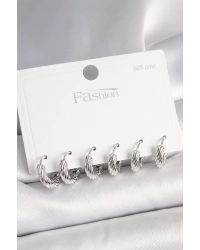 925 Ayar Gümüş Çivi Pirinç Gümüş Renk İşlemeli Halka Model Kadın Küpe Seti