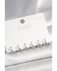 925 Ayar Gümüş Çivi Pirinç Gümüş Renk Kalp İşlemeli Halka Model Kadın Küpe Seti