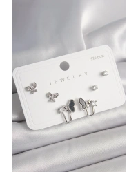 925 Ayar Gümüş Çivi Pirinç Gümüş Renk Zirkon Taşlı Kelebek Model Kadın Küpe Seti