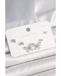 925 Ayar Gümüş Çivi Pirinç Gümüş Renk Zirkon Taşlı Kelebek Model Kadın Küpe Seti