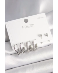 925 Ayar Gümüş Çivi Pirinç Gümüş Renk Zirkon Taşlı Tiffany Halka Model Kadın Küpe Seti