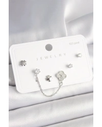 925 Ayar Gümüş Çivi Pirinç Gümüş Renk Zirkon Taşlı Yonca Model Sallantı Zincir Detay Kadın Küpe Seti