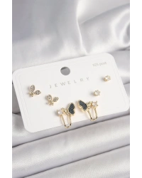 925 Ayar Gümüş Çivi Pirinç Zirkon Taşlı Kelebek Model Kadın Küpe Seti