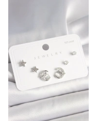 925 Ayar Gümüş Çivi Zirkon Taşlı Hilal Yıldız Model Kadın Küpe Seti