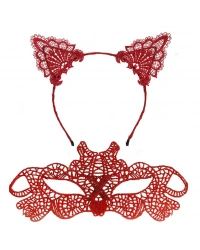 Ateş Kırmızısı Dantel Taç ve Maske Seti 10 No - Maskeli Balo & Özel Gün Seti