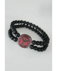 Barış Figürlü Bordo Renk Füme Metal Aksesuarlı Çift Sıra Oniks Doğal Taş Erkek Bileklik