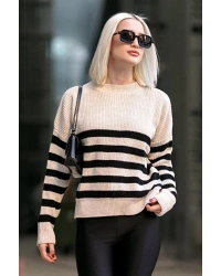 Bej Bisiklet Yaka Çizgili Kazak