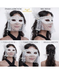 Beyaz Dantel Tüllü Peçeli Parti Maskesi – Tüylü İnci Detaylı