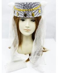 Beyaz Duvaklı Altın Pul İşlemeli Kına Fesi Kına Şapkası Oryantal Şapkası