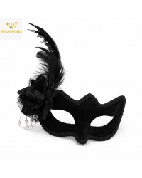Beyaz İnci Detaylı Siyah Süet Venedik Kadın Maskesi Tüylü Güllü
