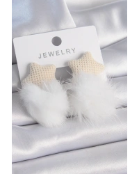 Beyaz Renk Tüylü Yıldız Ponpon Model Kadın Küpe