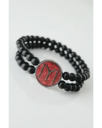 Bordo Metal Üzerine Füme Kayı Boyu Figürlü Siyah Renk Çift Sıra Doğal Taş Erkek Bileklik