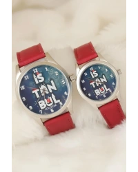 Bordo Renk Deri Kordonlu İstanbul Tasarımlı Sevgili Saatleri