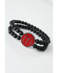 Bordo Renkli Metal Üzerine Füme Kayı Boyu Figürlü Siyah Renk Çift Sıra Doğal Taş Erkek Bileklik