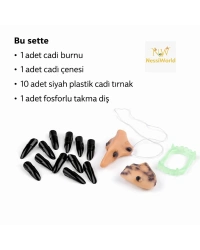 Cadı Aksesuar Seti – Burun, Çene, Fosforlu Diş ve 10 Adet Siyah Tırnak
